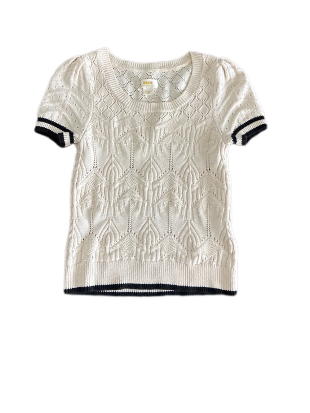 Mauve Cream Knit Short-Sleeve Sweater with Black Trim